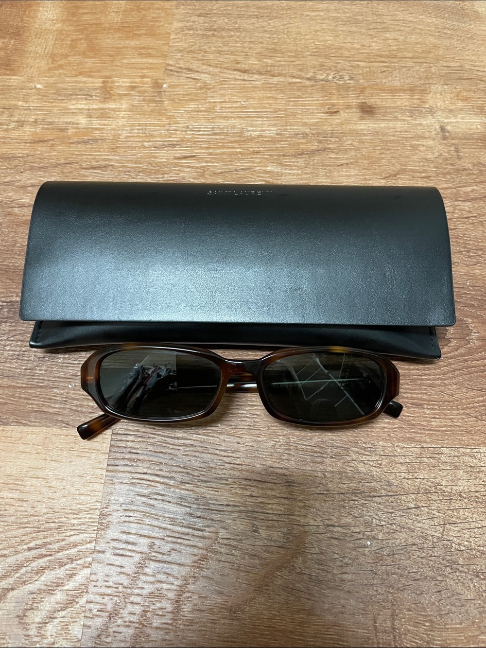 Saint Laurent Tortoiseshell Rectangular Sunglasses with Black Case